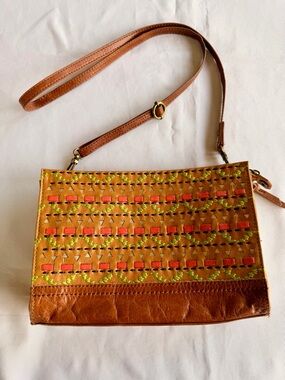 The Sak Tan Woven Pinched Leather Clutch Colorful Crossbody